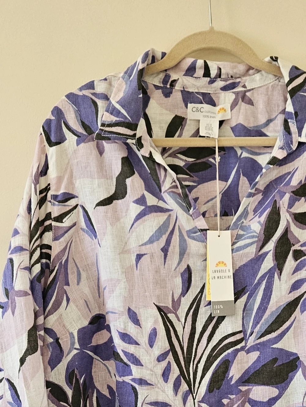 NWT C&C California 100% LINEN Purple on White Leaf Print Tunic Top Plus Size 2X - Picture 3 of 10